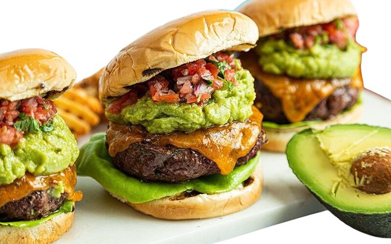 mouth-watering burger with avocado